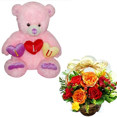 "Pink Teddy holding Hearts - KT 159, 25 mixed roses flower basket - Click here to View more details about this Product